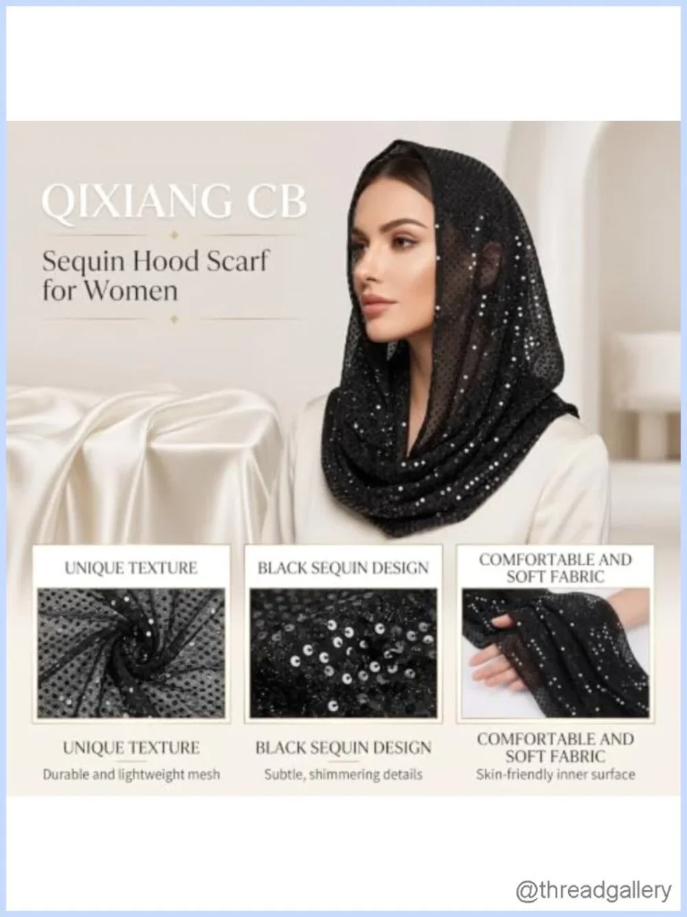 Lightweight Sequin Hood Scarf for Women, Versatile Head Scarf & Shawl